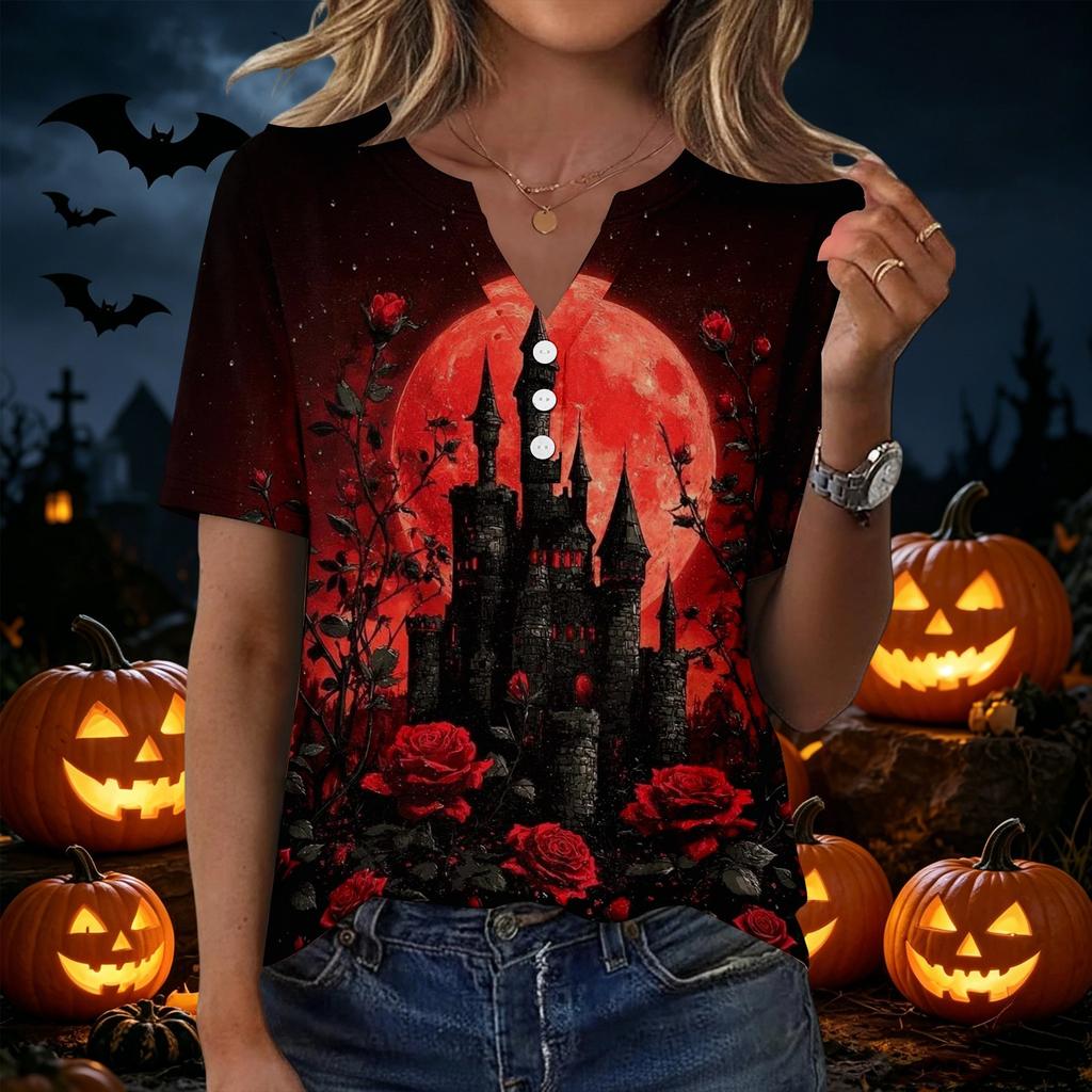 Women's Casual Halloween Printed V Neck Short Sleeve Button Front T Shirt Top for Everyday Wear Seasonal Themed Tee