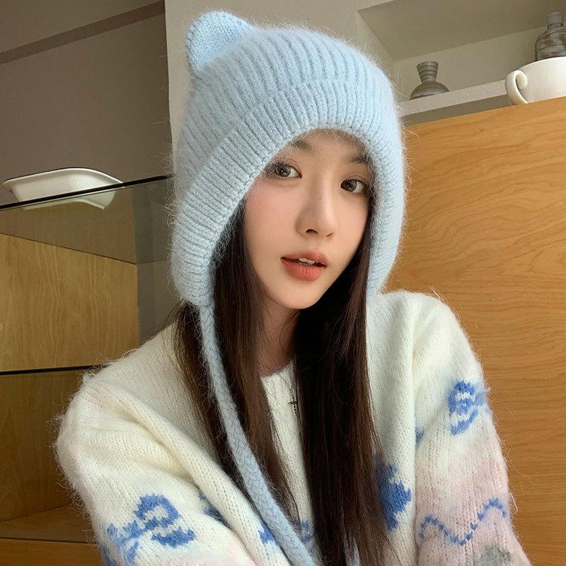 Cute Ears Autumn and Winter Wool Rabbit Hair Straps Candy-colored Wool Hat Bag Head Ear Protection Knitting with Student Warm Girl