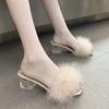 New Summer Fluffy Peep Toe Sexy High Heels Women Shoes Fur Feather Lady Fashion Wedding Slip-On Pink Square  Sandals
