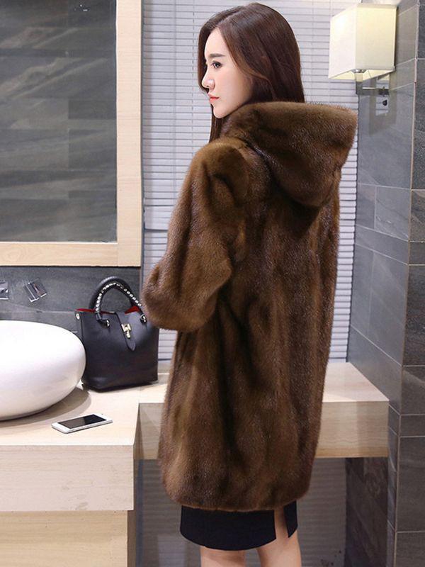Women's Long Hooded Faux Mink Fur Coat - High-End Thickened Design