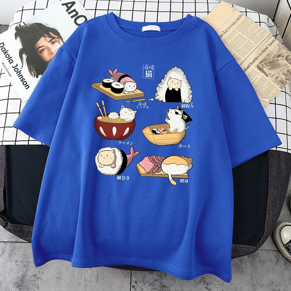 Food Cute Cat Sushi Cartoon Style Men 100% Cotton Short Sleeve Harajuku Casual Printed T-shirt Fashion Men's T-shirt Clothing