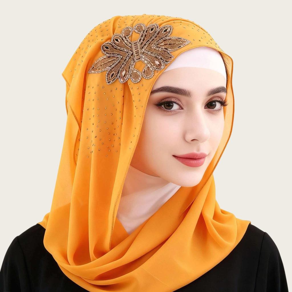 Luxury Rhinestone Chiffon Hijab Scarf Women Muslim Crystal Diamond Headscarf White Wedding Shawl Embroidered Beaded Turban Wrap