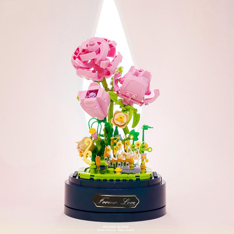 Creative Building Bricks Eternal Flowers Music Box With Dust Cover Chrysanthemum Rose Mini Block Construction Toys For Girl Gift