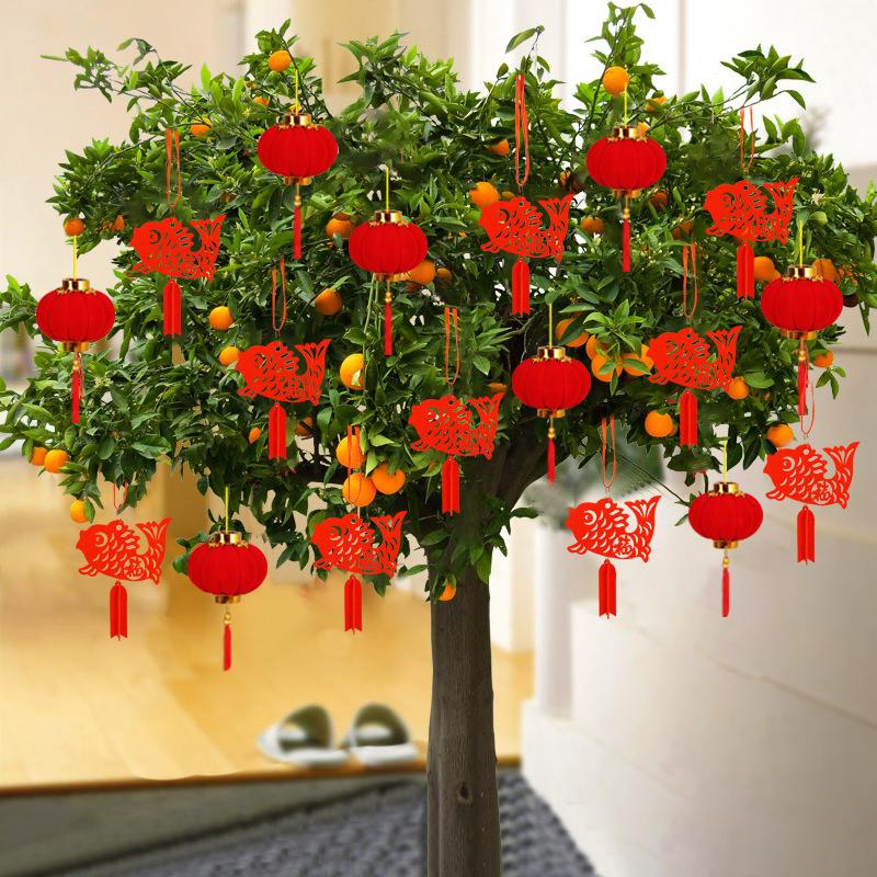 20Pcs/Pack Festival Party Decor Scene Layout Supplies Red Lanterns Mini Flocking Chinese New Year Bonsai DIY New Year Pendant