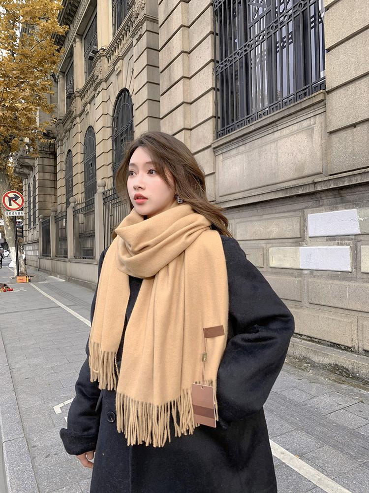 Scarf Women's Autumn and Winter Warm Thickened Cashmere Scarf Versatile Fringed Shawl Korean Version Solid Color Scarf