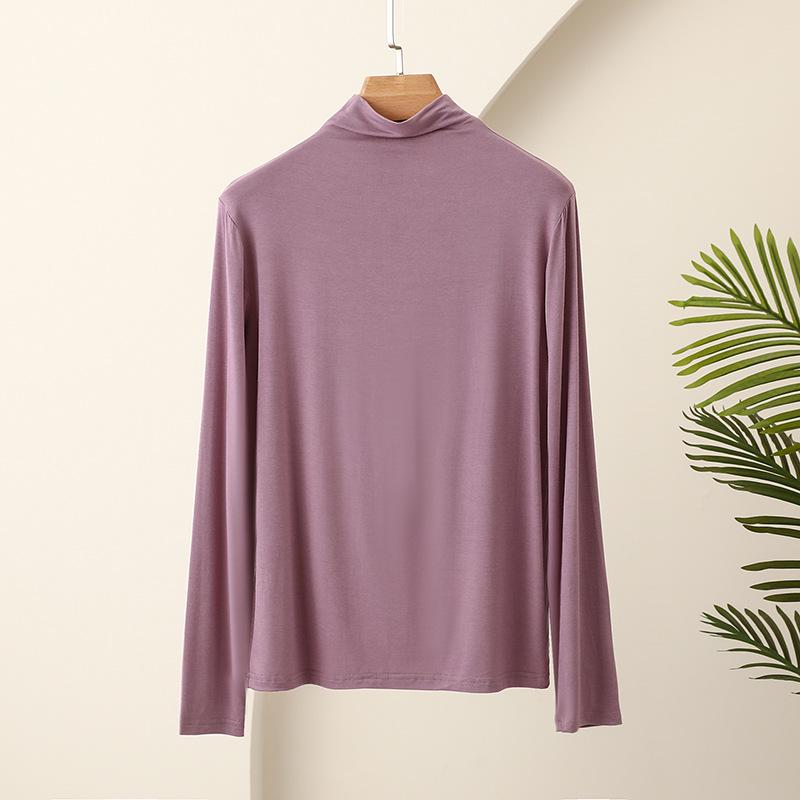 Women's Modal Black Semi-High Neck Slimming Long Sleeve T-Shirt for Autumn Winter Wear