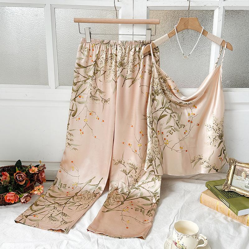 Sexy Pajama Two-Piece Set Camisole Tops Pants Loungewear Women Pijamas Suit Soft Print Flower Suspenders Sleepwear Outside