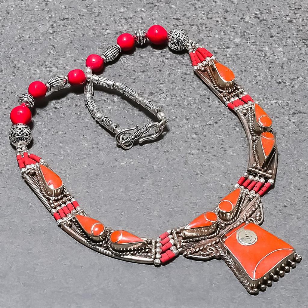 Tibetan Nepal Necklace Natural Red Coral 18" Chunky Ethnic Boho Jewelry NN 717