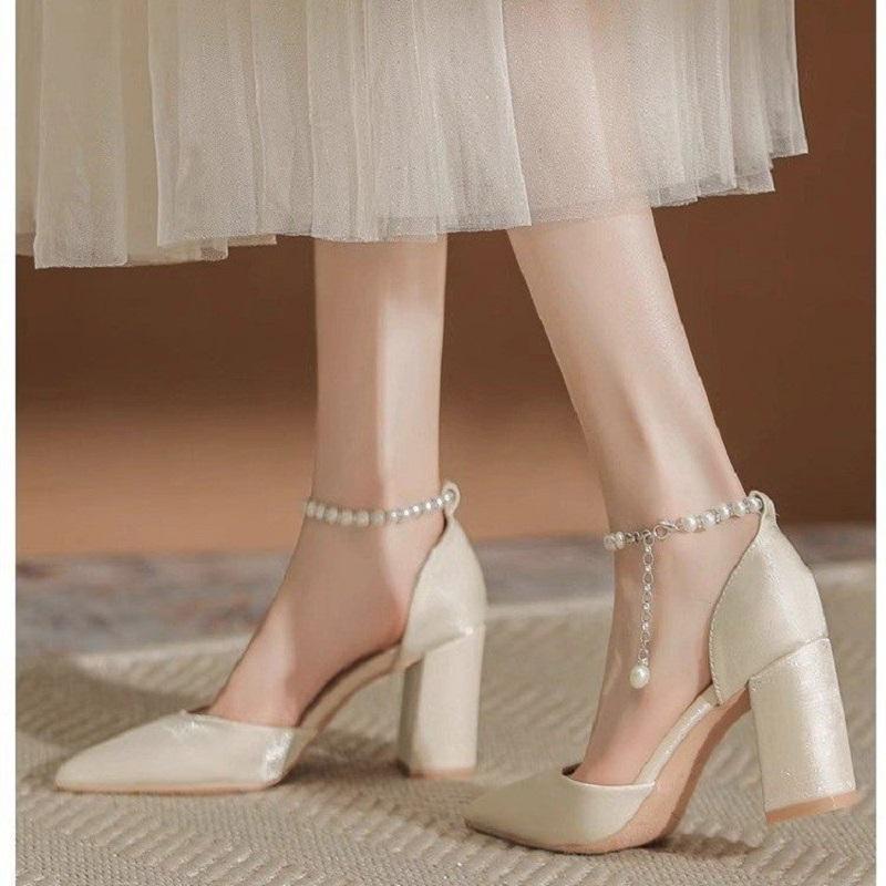 Elegant Pearl-Embellished Satin Heels - 5cm Chunky Low Heel Bridal Shoes with Adjustable Ankle Strap
