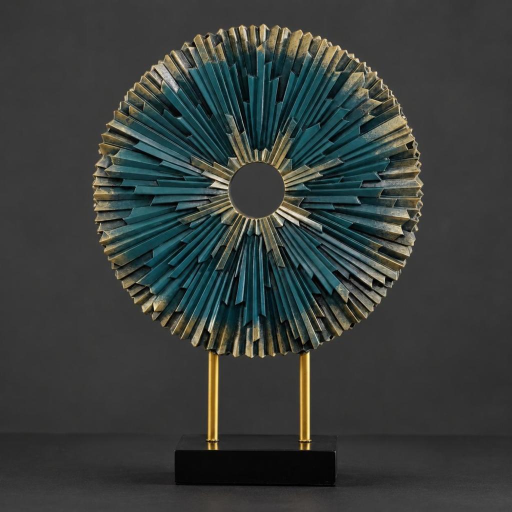 Abstract Desk Sculpture with Base Geometric Table Decor Metal Wall Disc Ornament Metallic-Finish House Decoration Modern Design