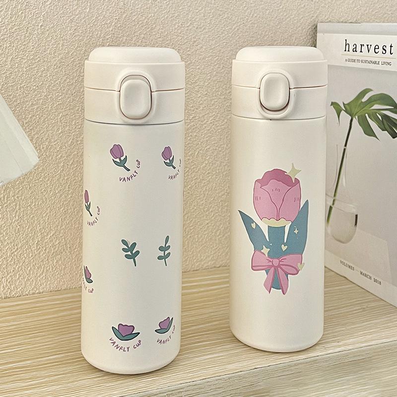 500ml Stainless Steel Thermal Cup Bouncing Cover Cute Flower Style Milk Tea Coffee Mug Leak-Proof Mug Travel Water Bottle