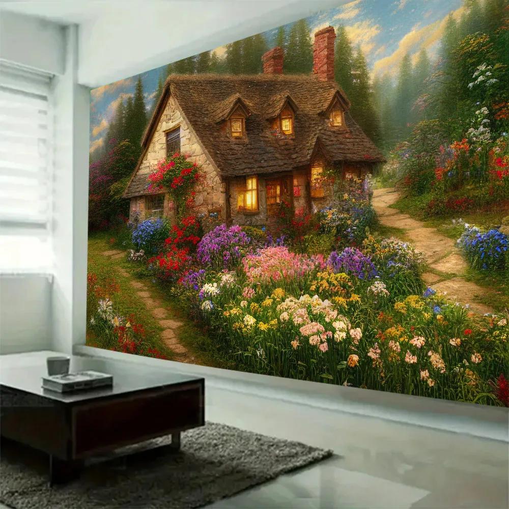 Forest Landscape Oil Painting Tapestry Aesthetic Flower Wall Hanging for Hippie Living Room Bedroom Bohemian Wall Art Decoration