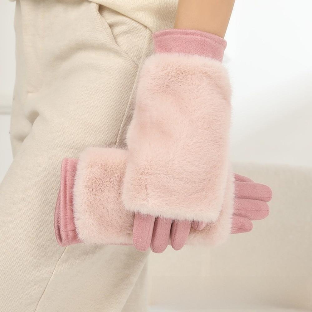 Solid Color Women Winter Gloves Rabbit Faux Fur Thermal Mittens Fashion Suede Gloves Girl