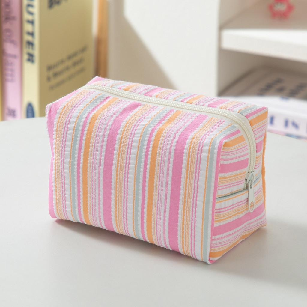 Polyester Striped Makeup Bag For Women With Storage Compartment Travel Organizer