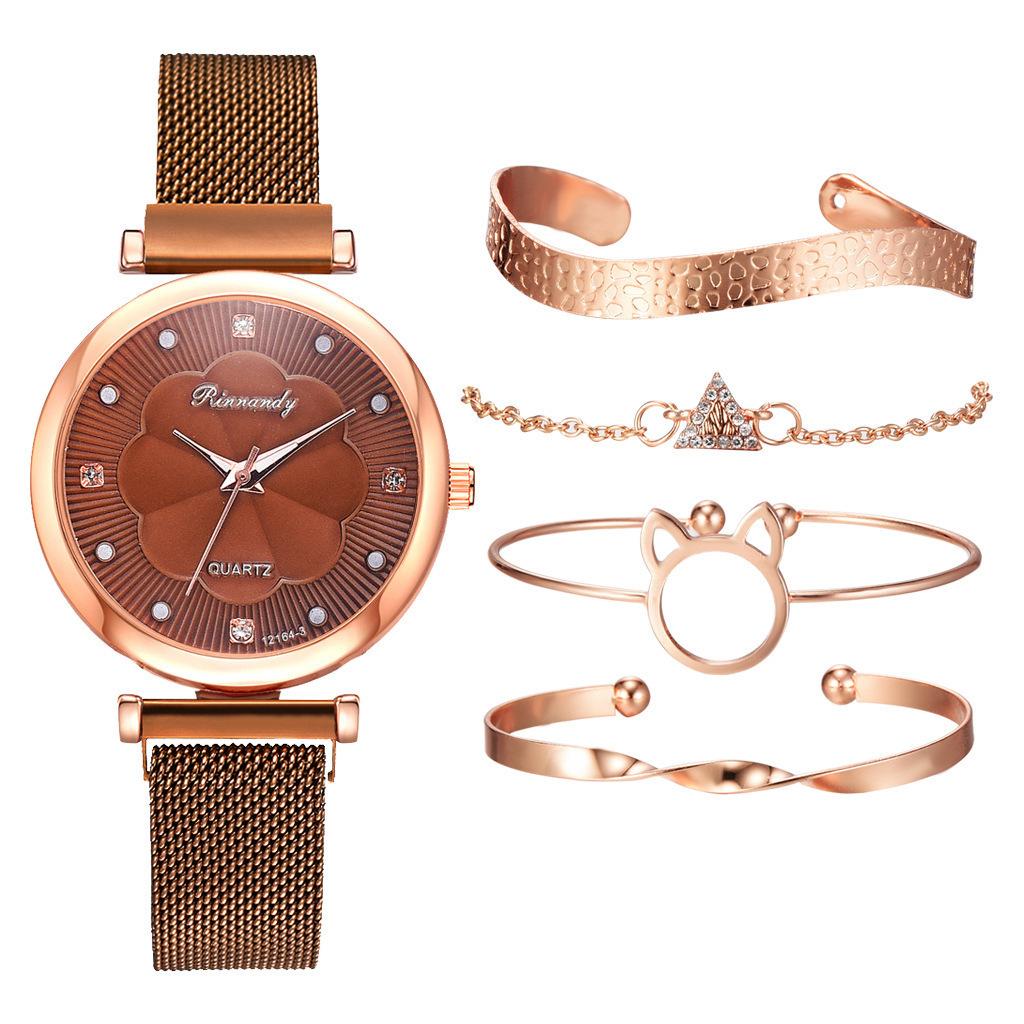 5Pcs/set Women's Simple Mesh Belt Magnet Quartz Watch + Bracelet Set Quartz Watch