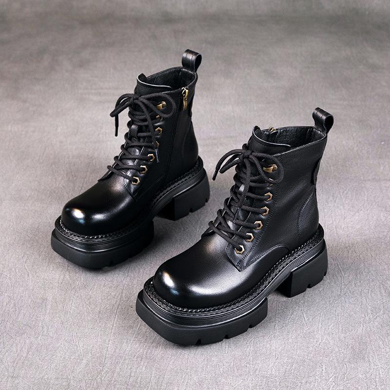 The First Layer of Cowhide Martin Boots for Women In the Autumn and Winter of 2025, the New Retro Lace-up Leather Platform Muffin Shoes for Women Wi