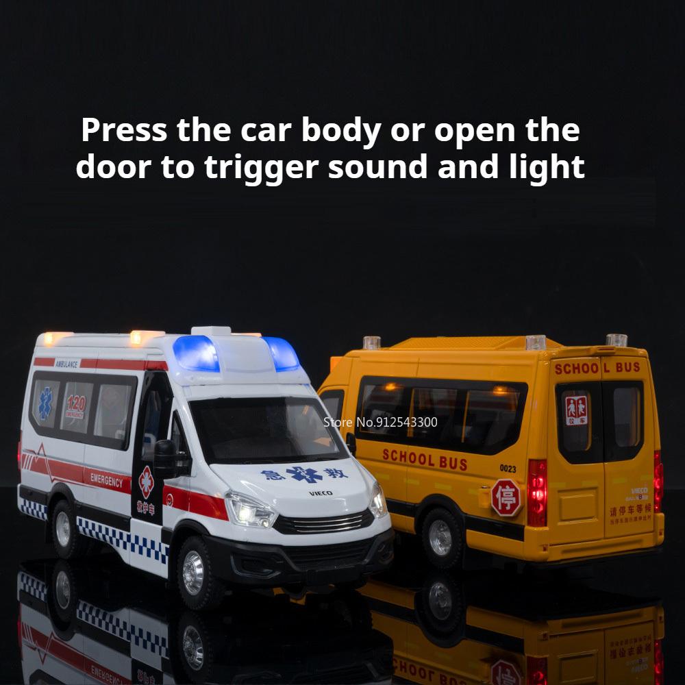 Scale 1:24 School Bus Ambulance Car Model Toy Shock Absorption Wheel Steering Van Models Music Light Toys Presents for Kids