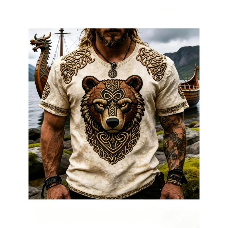 Retro street distressed men's T-shirt with Viking bear, Celtic knot, 3D printing, loose round-neck short sleeves