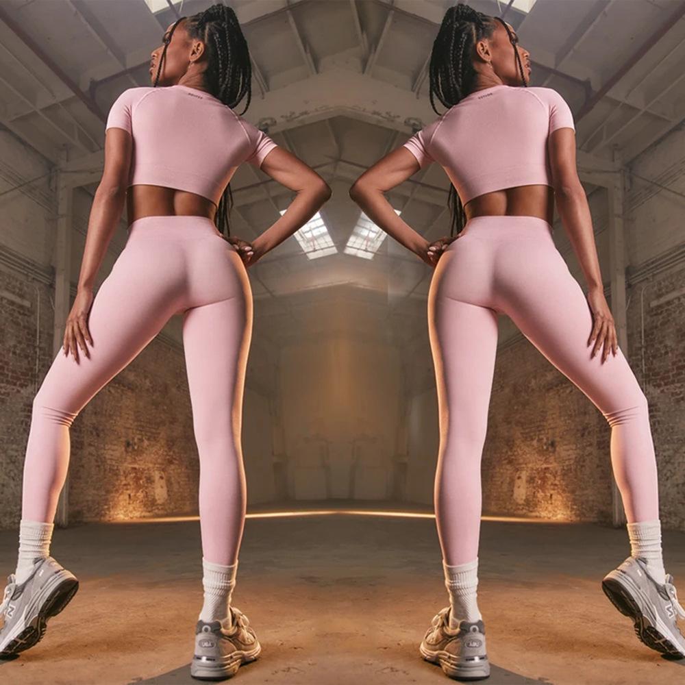 Women's Solid Color High Waist Yoga Set: Short Sleeve Top & Long Pants Two-Piece