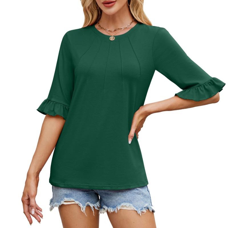 

Женская футболка-топ с круглым воротом и рукавами-лотосами, однотонная, весенне-летняя XXL темно-зеленого