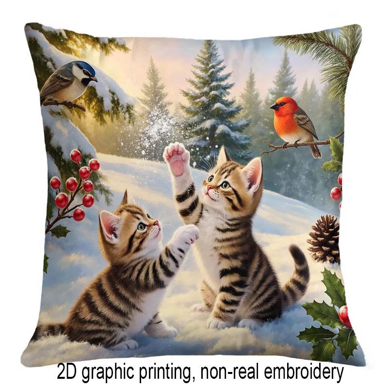 2D Flat Print 1pc Snowy Kitten, Bird, Holly, Pine Cone, Forest Christmas Illustration Double-Sided Printed Pillowcase, Holiday Christmas Home Decor Cu