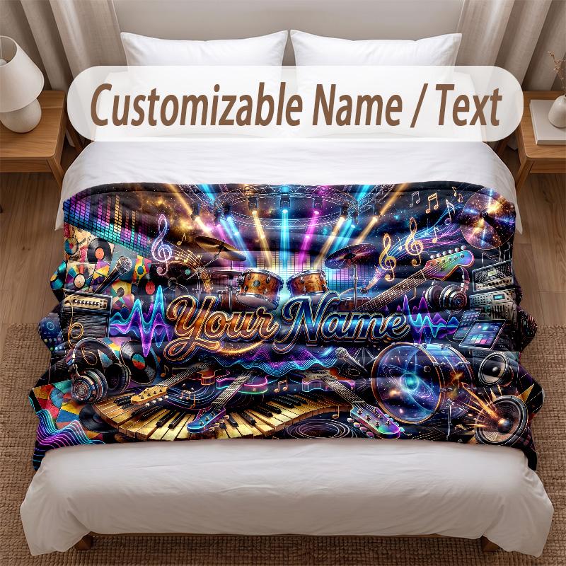 Music General Theme Soft Blanket Personalized Custom Name Text Print Warm Blanket Home Sofa Bedroom Decor