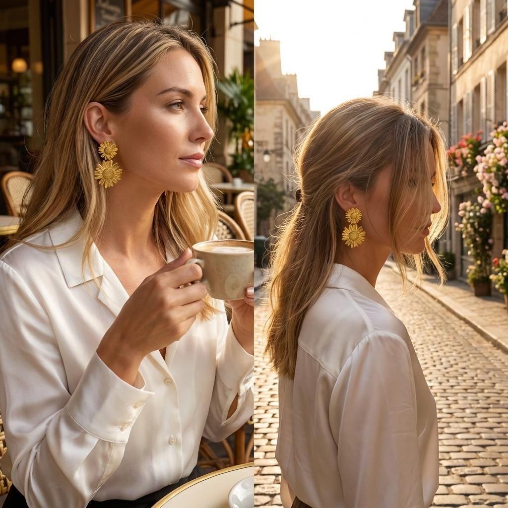 Boho 3D Floral Dangle Earrings for Women Stainless Steel Layered Metal Flower Daisy Drop Earring Beach Party Waterproof Jewelry
