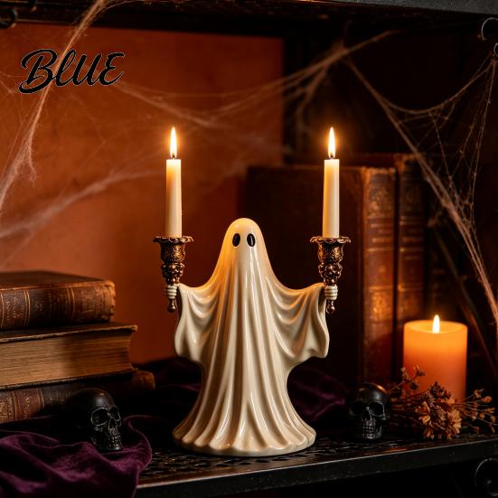 Artistic Ghost Sculpture Cute Candle Holder for Halloween Resin Tealight Candlestick Taper Figurine Home Table Decor & Spooky Atmosphere Accessory