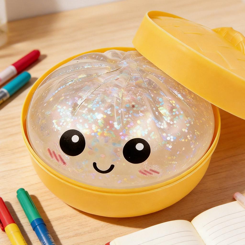 1Pc Glitter Dumpling Squishy Toy with Steamer, Stretchy Squeeze Stress Relief Fidget Toy