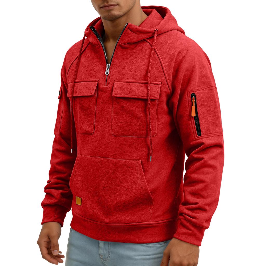 Men's Quarter-Zip Cargo Hoodie with Multi-Pockets Casual Sweatshirt for Everyday Wear