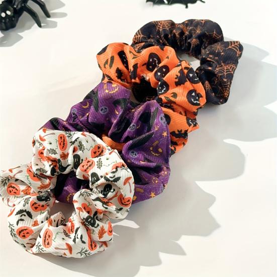 Fluffy Hair Scrunchies Halloween Ties, High Elasticity Scrunchies, Soft Stretchy Bands with Ghost Witch Hat Tie Bat Spider Web Design,