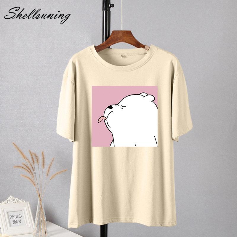 Shellsuning Summer Cute Printed Cotton T Shirt Women Loose Short Sleeve Trend Tees Female Casual Streetwear All-match Basic Tops