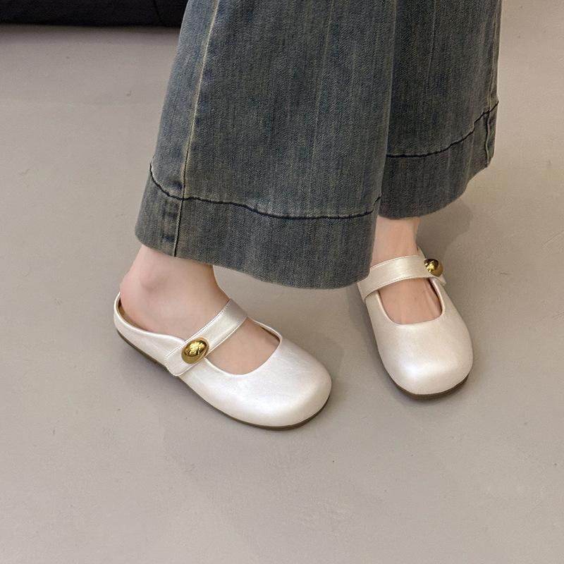 

Baotou half slippers for women to wear spring new soft bottom comfortable and versatile flat bottom Mary Jane cool slippers 40 бежевый