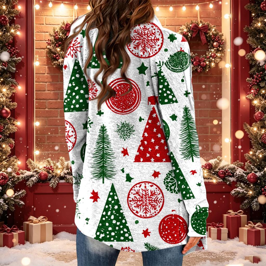 Women's Casual Christmas Print Midi Cardigan Jacket, Open Front Outerwear for Holiday