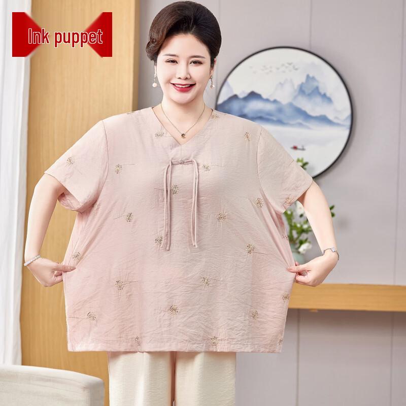 Moou Women s Summer New Chinese Cotton Linen Short Sleeve T-Shirt 7XL