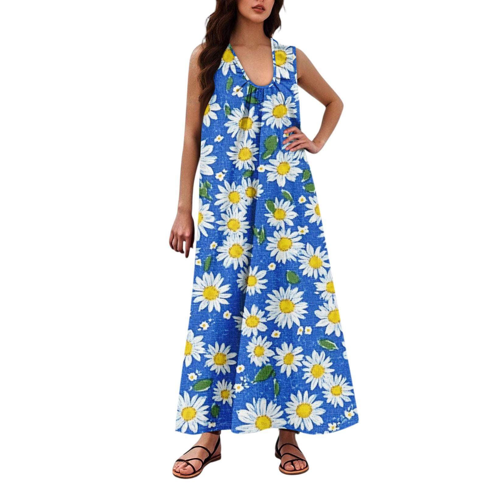 Женская Мода Повседневная А-силуэт Цветочный Принт Эффект Молотка Свободная Длинная Юбка с Карманами L синий