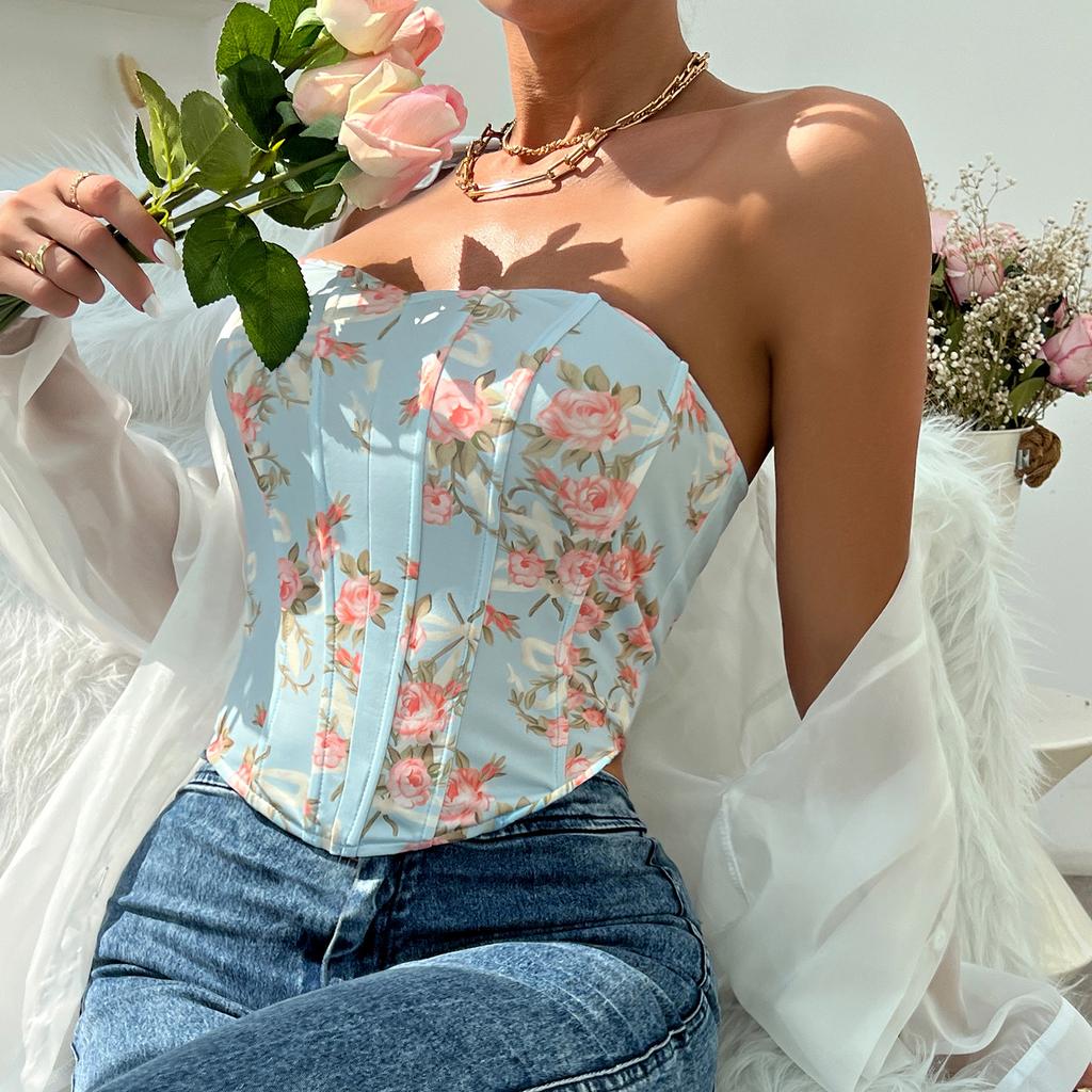 Chica Sexy Caliente Escote Bajo Halter Pecho Envuelto en Flores Cintura de Espina de Pescado con Diamantes Chaleco Europeo y Americano