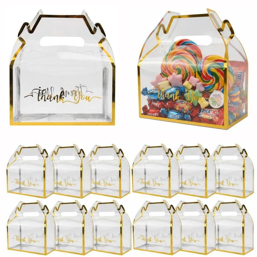 Ensemble de 12 pièces Boîte à bonbons transparente réutilisable Bordure dorée Design portable Boîte cadeau Sac en PVC Emballage de remerciement