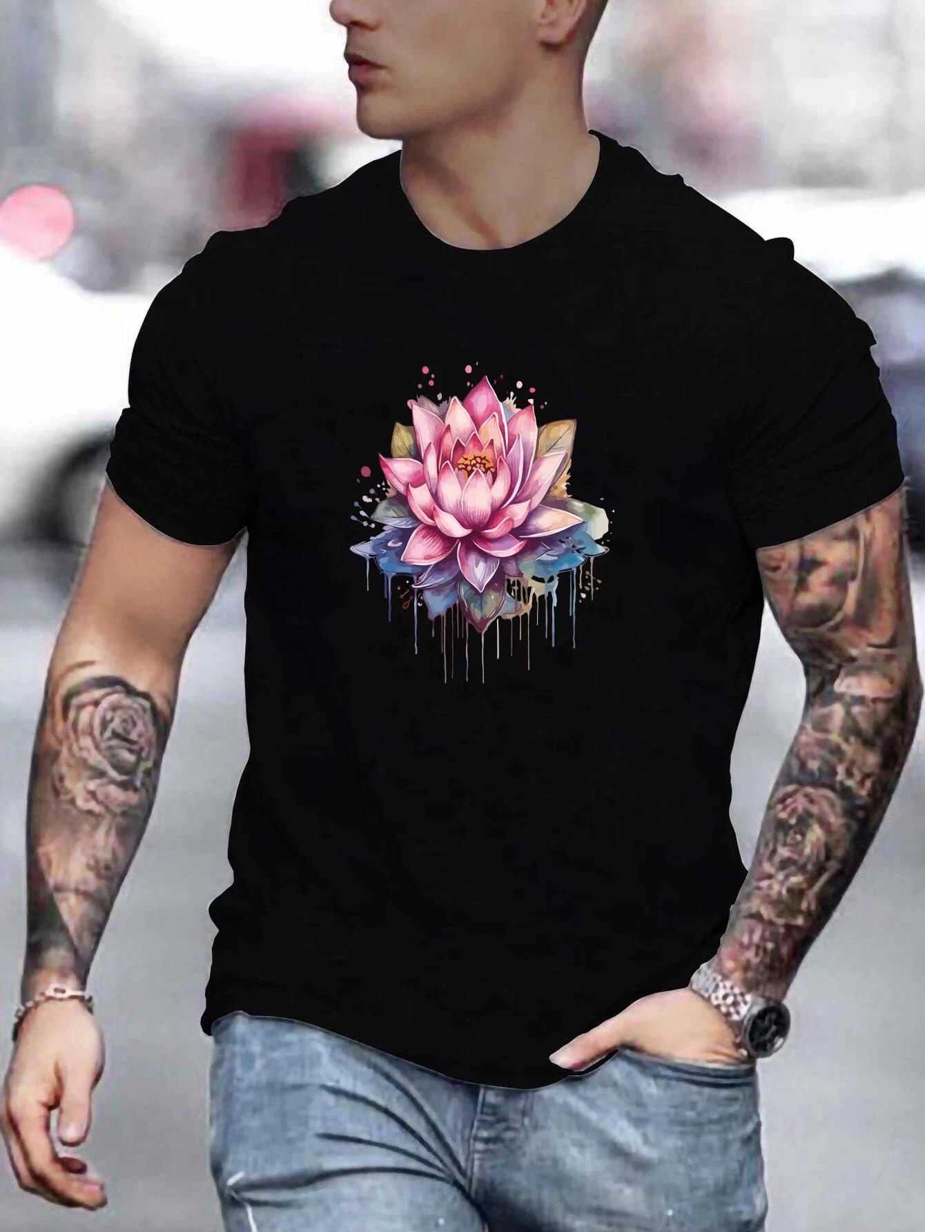 

Ombre lotus Print T-Shirt for Men s Casual Crew Neck Short-Sleeve Fashion Summer T-Shirt XXXXXL чёрный