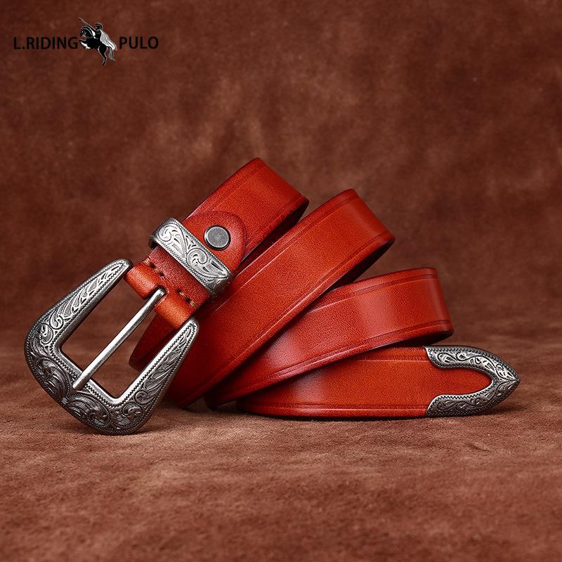 Personlighetstrend Allmatch Retro Nisch Äkta Läderbälte Dam Första Lagret Nötskinn Casual Spänne Bälte