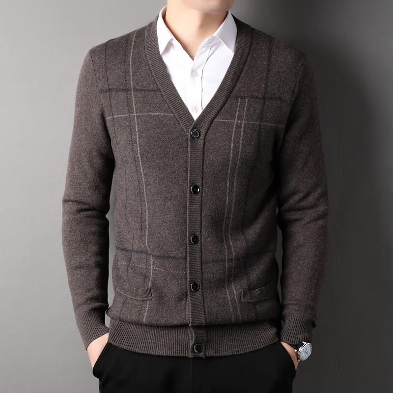 Fengxun Men's 100% Wool V-Neck Cardigan Sweater