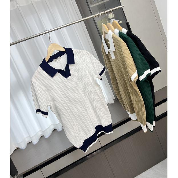 

Color-Block Wave Pattern Jacquard Knit Polo Shirt Japanese Style Slim Fit T-Shirt Light Luxury Quality Men s Short Sleeve M чорний