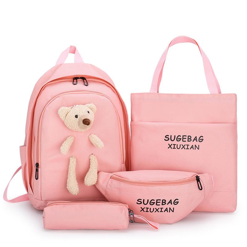 

Junior high school student schoolbag female Korean version high school student cute large capacity backpack 2025 new backpack four-piece set розовый
