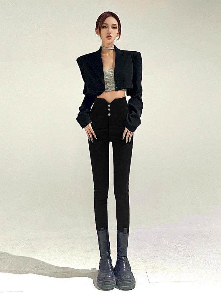 Women's High-Waisted Slimming Leggings - Spring 2026, Plus Size, Tapered, Elastic, Black Pencil Pants