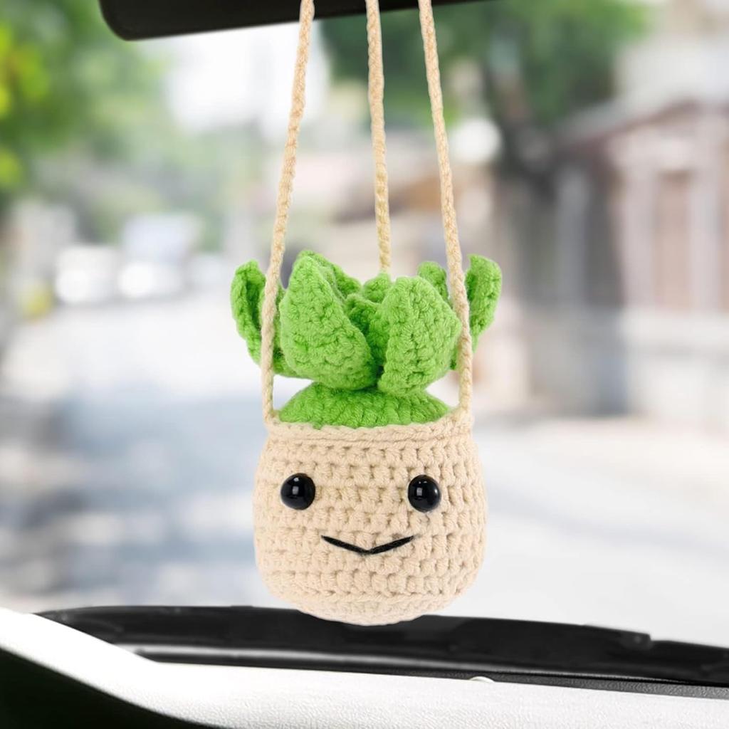 Vansolinne Crochet Car Mirror Hanging Accessories Cute Plant Basket for Rearview Mirror Hanger Decor Car Charm Interior Aesthetic Plant Lovers Gifts