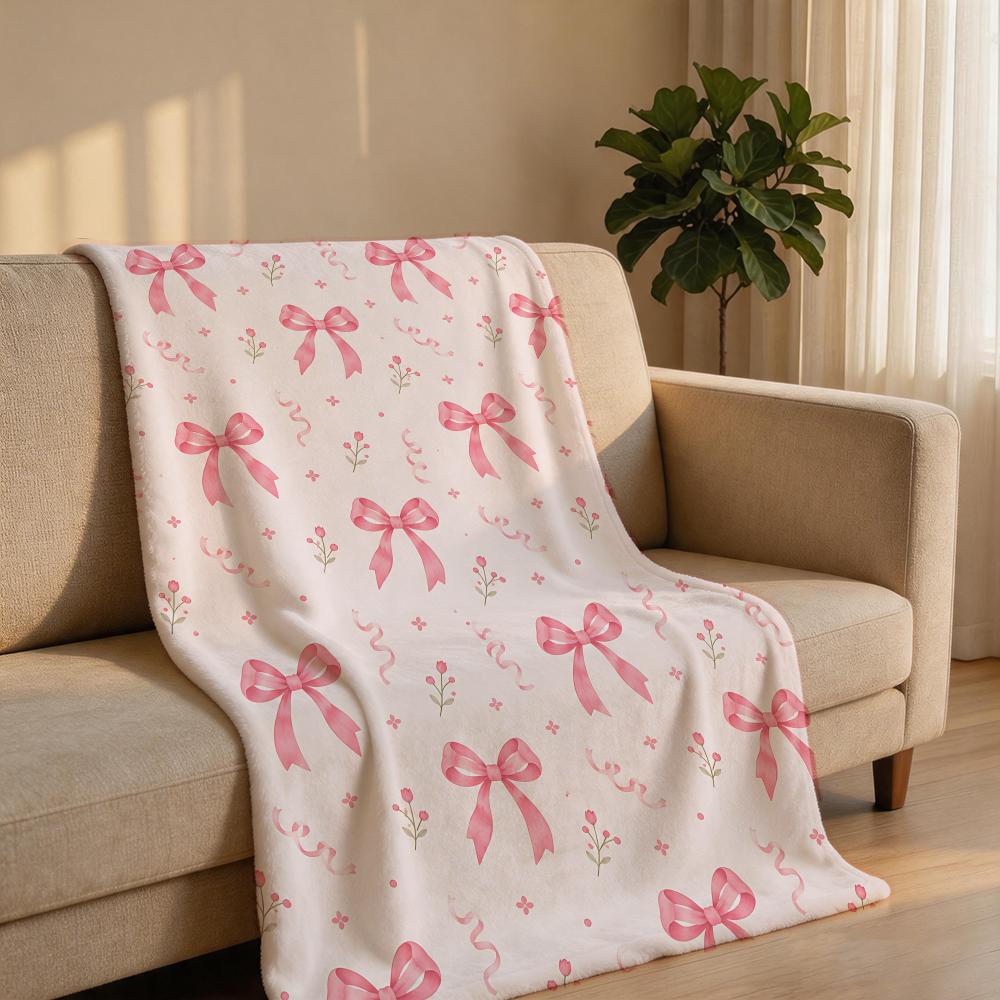 Pink Bow Set Throw Short Plush Throw Blanket Soft Skin-Friendly Multi-Scene Home Office