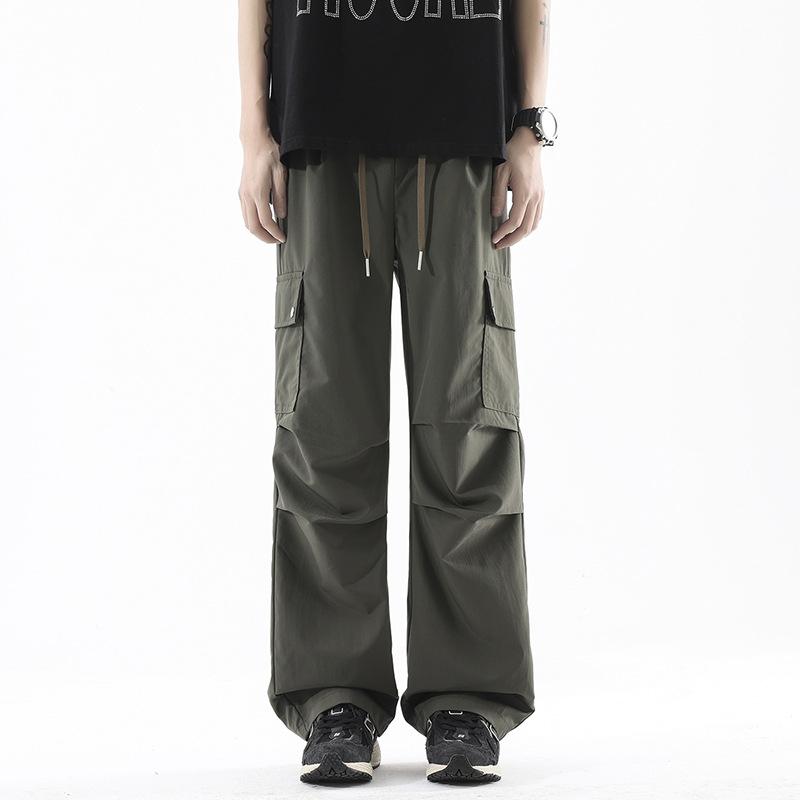 Summer new cool and breathable tooling casual pants thin men's fashion loose straight elastic waist long pants