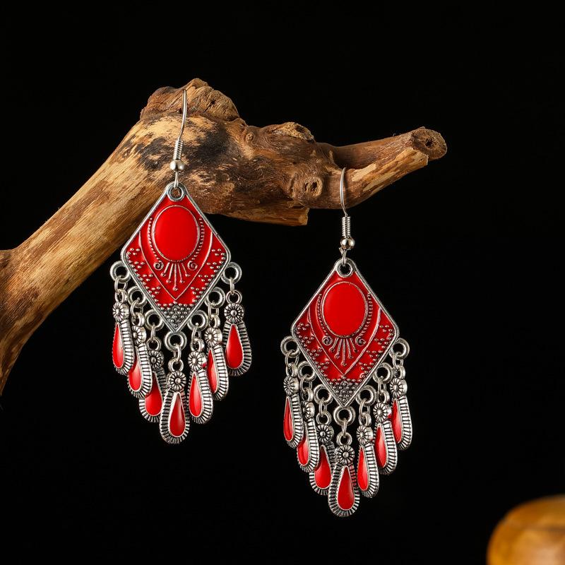 

Новые винтажные этнические серьги-кисточки из металлических листьев в стиле бохо с каплями масла и ромба, в форме веера, серьги-капли из драгоценных камней