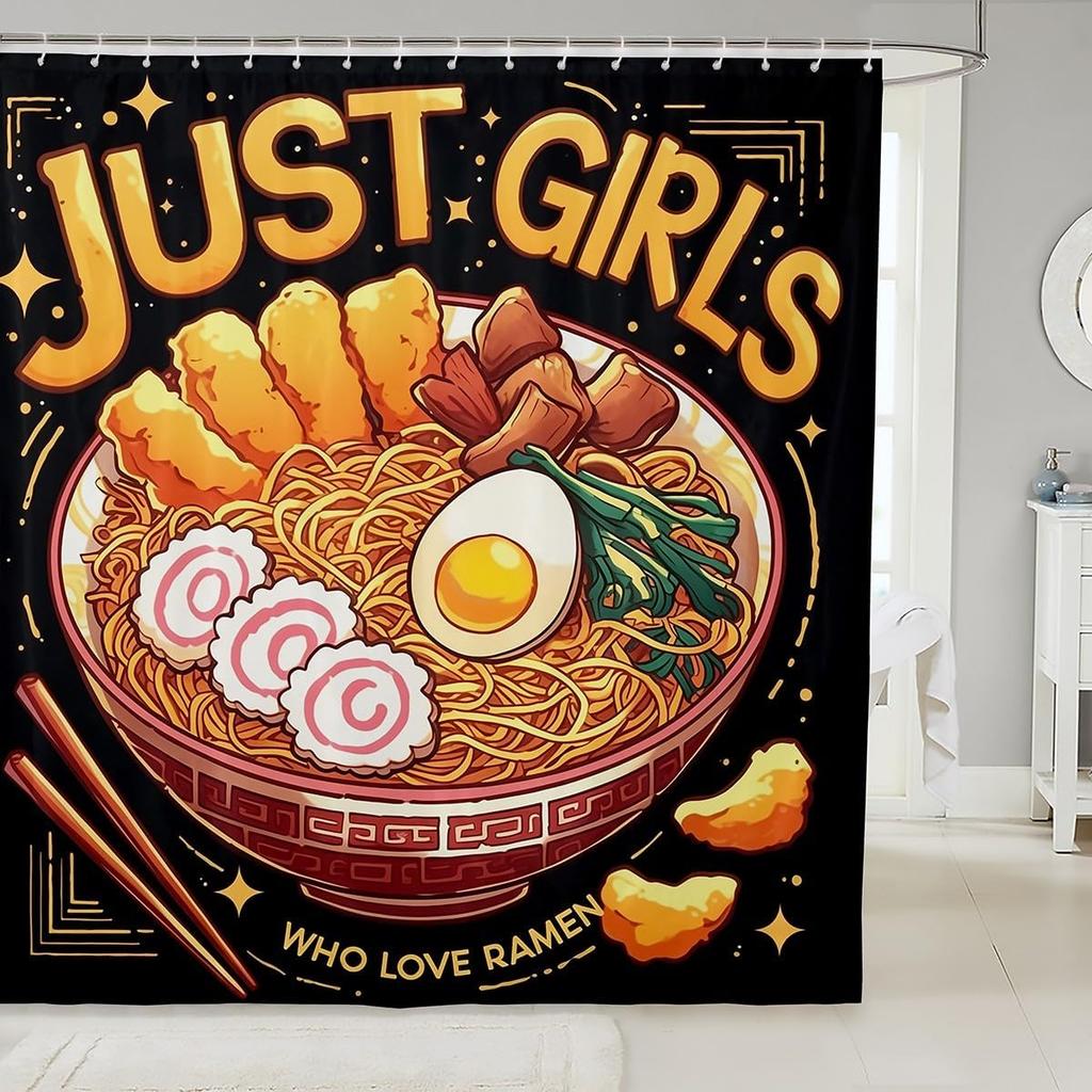 Ramen Noodle Shower Curtain Set Bathroom Decor for Kids Girls Boys,Japanese Style Bathroom Set Funny Food Fabric Shower Curtain