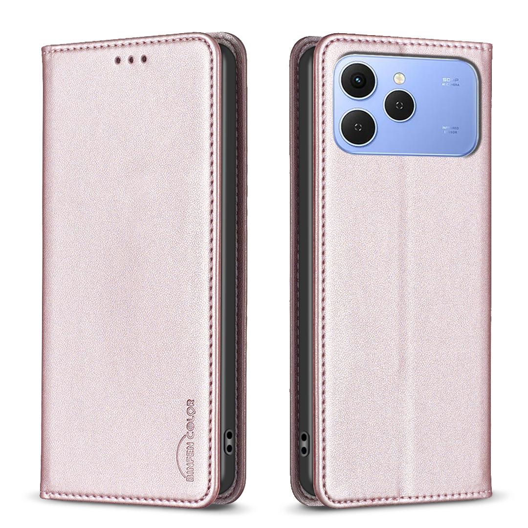 

For TECNO Spark 40 Pro+ 4G Leather Case BINFEN COLOR BF18 Phone Stand Cover with Card Slots Rose Gold